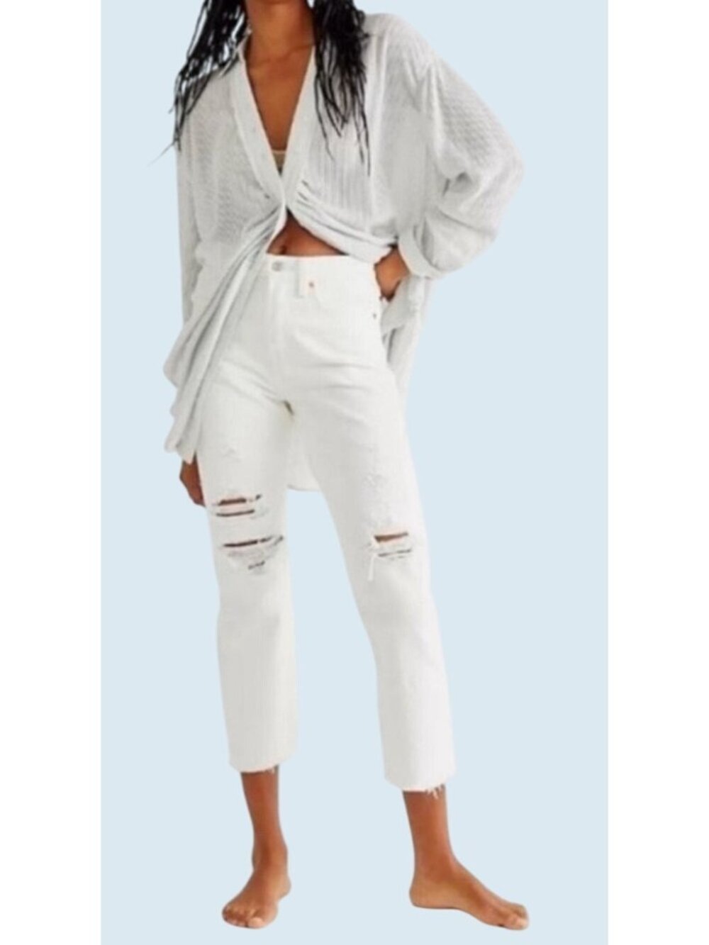LEVI'S Premium Denim Wedgie Straight White Distressed Jeans Size 32